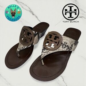 Tory Burch Louisa Women Thong 7.5M Beige Brown Leather Snakeskin Sandal 22158536